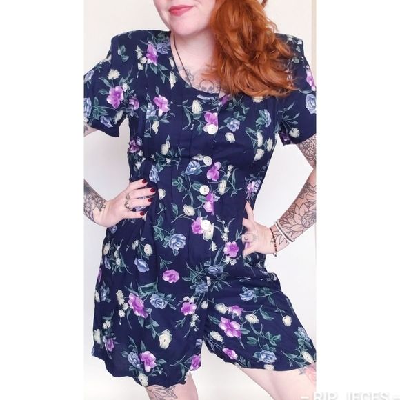 Basic Editions Pants - VINTAGE Basic Editions Med Navy Blue W/ Purple Flowers Button front Romper
